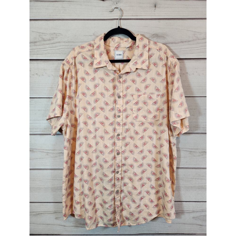 Rowm Men's Beige Pink Sun Printed Cotton Short Sleeve Button Down Shirt Size 2XB